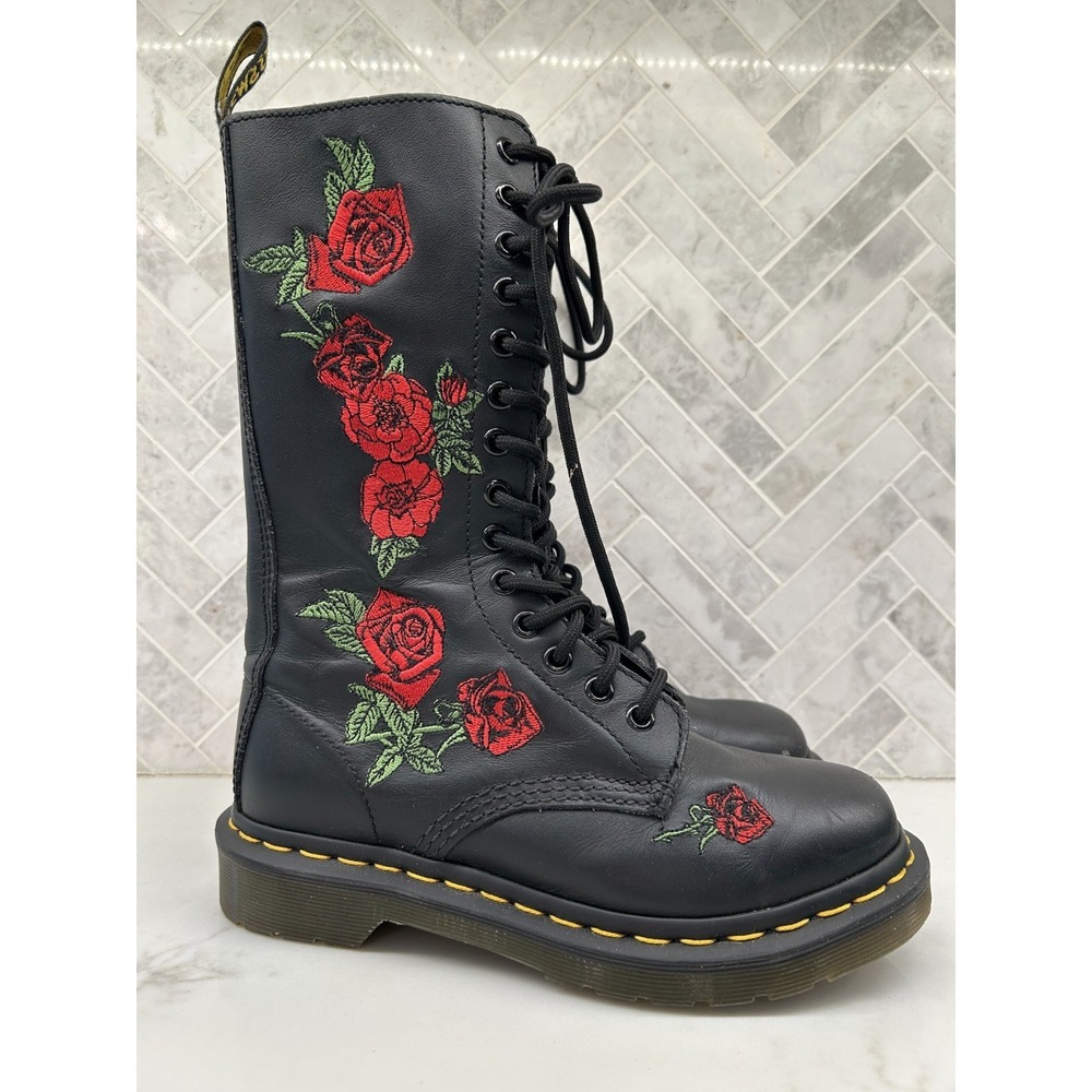 Dr Martens 1914 Vonda‎ Mid Calf Boots Womens 5 Leather Floral Rose Embroidered